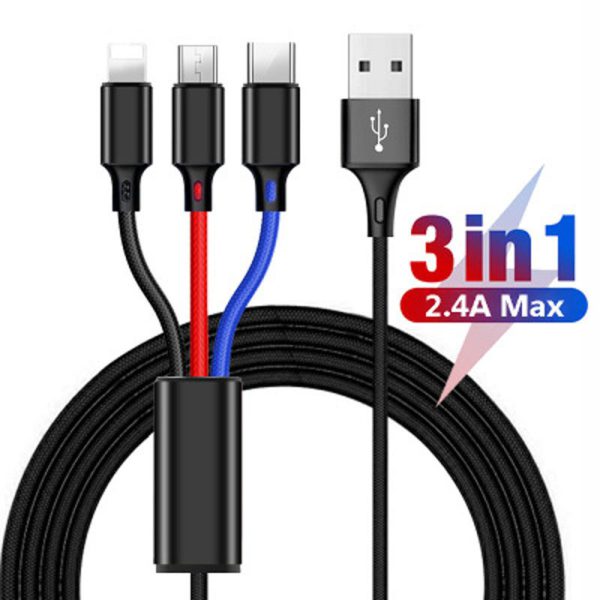 One to three data cable nylon braided three head fast charging mobile phone charging cable