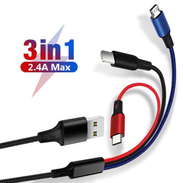 One to three data cable nylon braided three head fast charging mobile phone charging cable - Image 7